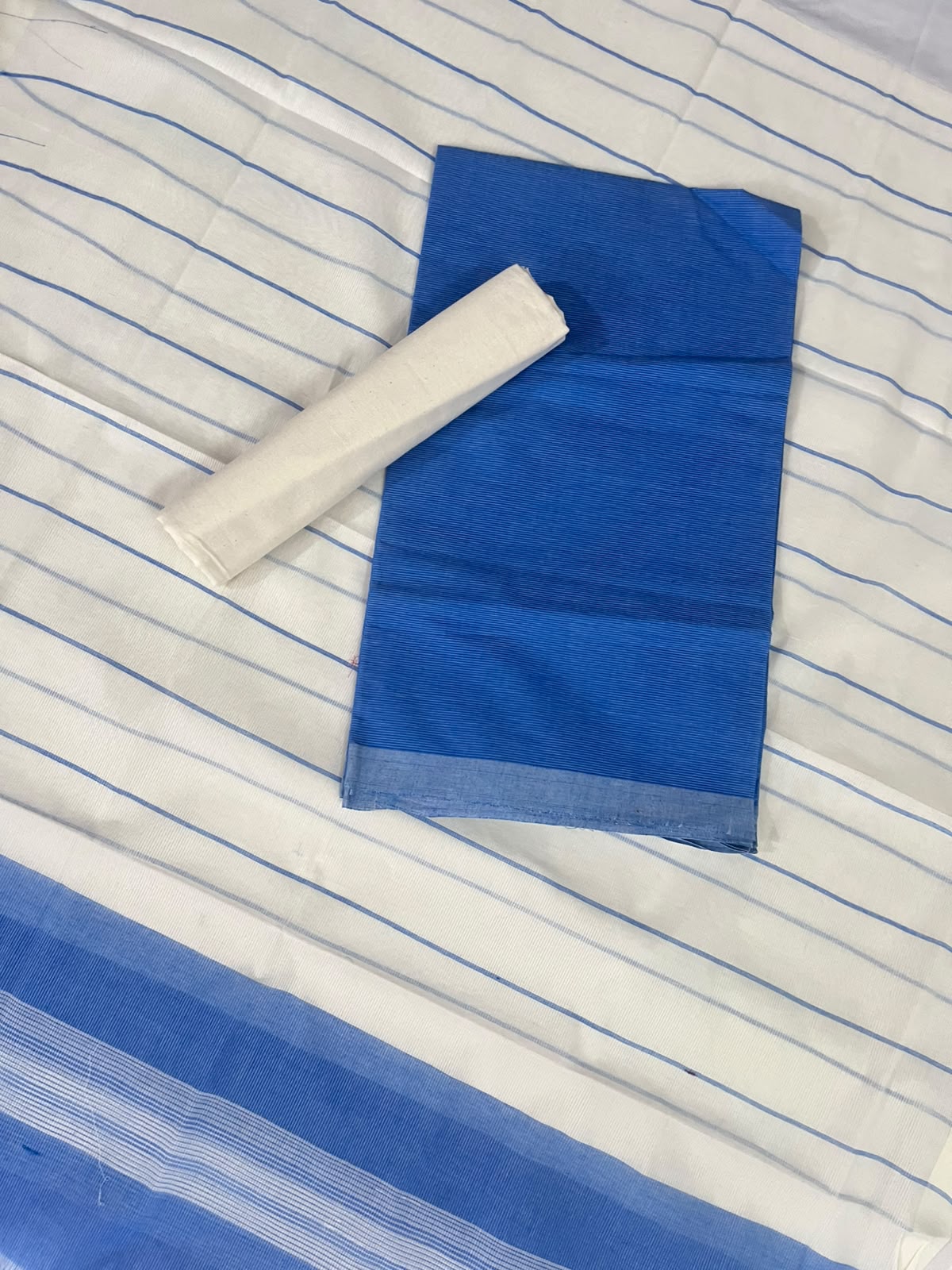 Classic Mangalagiri Cotton Dress Material in Royal Blue & White | Elegant Striped Weave