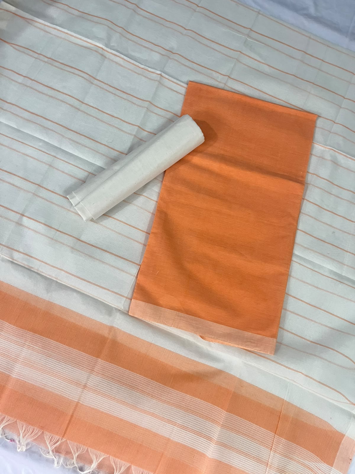 Classic Mangalagiri Cotton Dress Material in Peach Orange & White | Elegant Striped Weave
