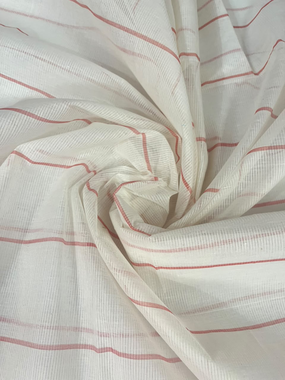 Classic Mangalagiri Cotton Dress Material in Coral Pink & White | Elegant Striped Weave