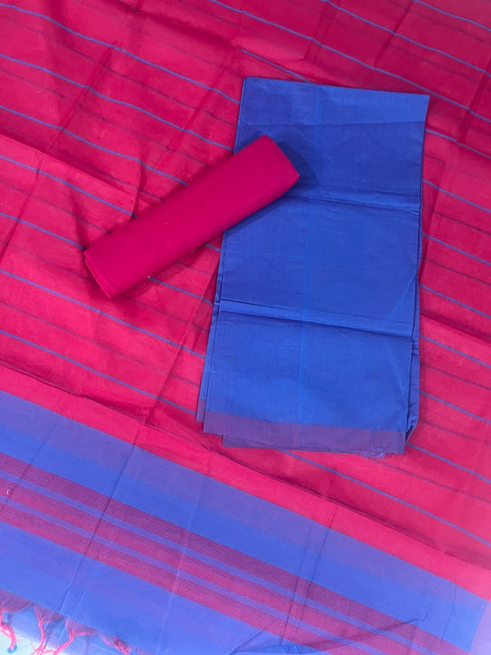 Classic Mangalagiri Cotton Dress Material in Rani Pink & Royal Blue | Elegant Striped Weave