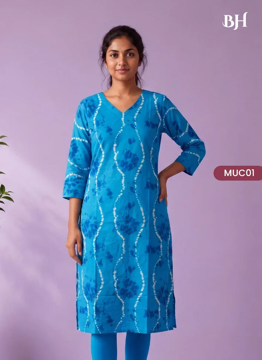 Sky Blue & White Tie-Dye Printed Mul Cotton Top with Full-Length Cotton Lining | Women's Casual Wear