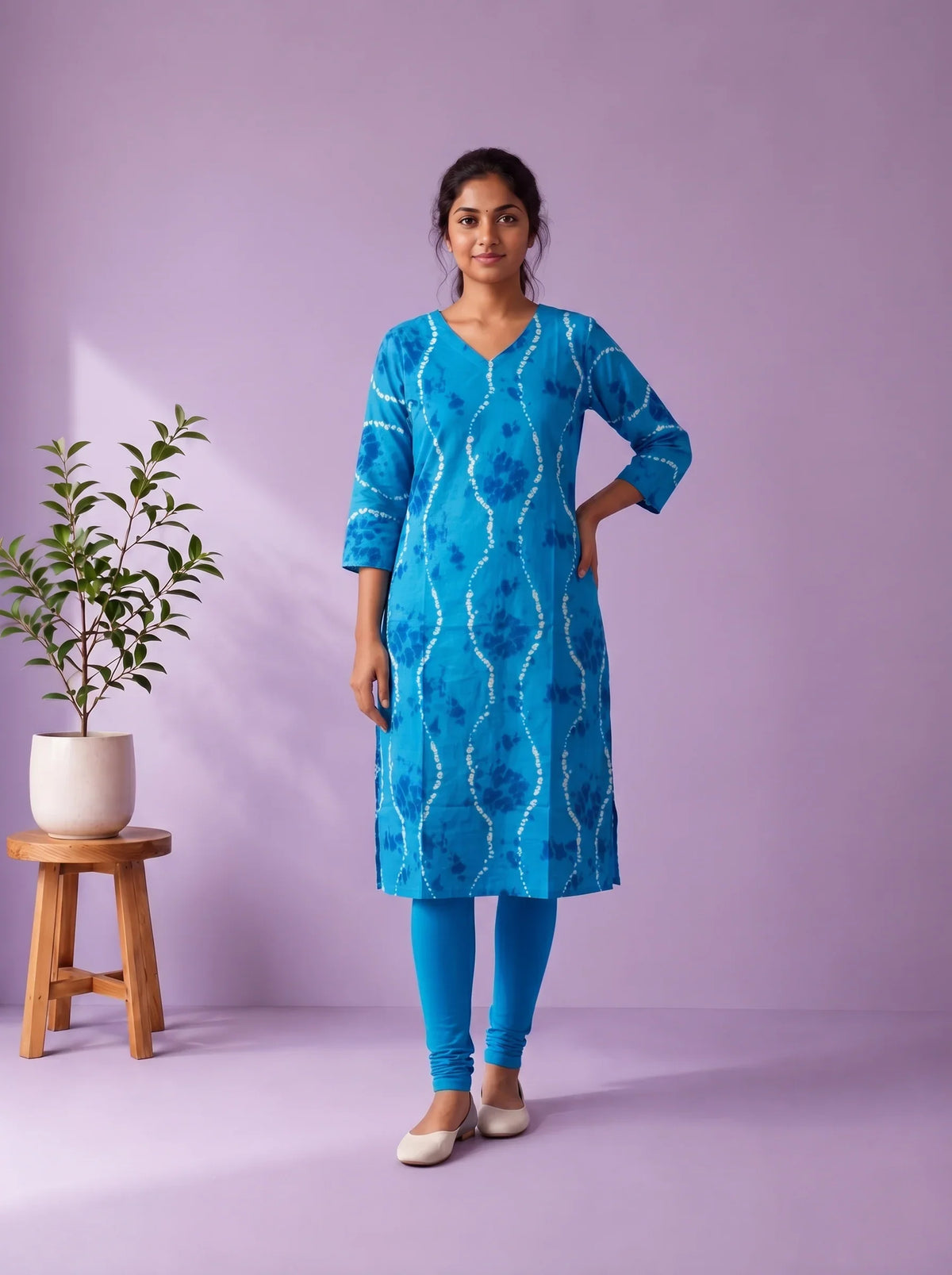 Sky Blue & White Tie-Dye Printed Mul Cotton Top with Full-Length Cotton Lining | Women's Casual Wear