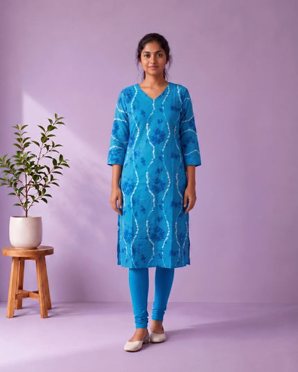 Sky Blue & White Tie-Dye Printed Mul Cotton Top with Full-Length Cotton Lining | Women's Casual Wear
