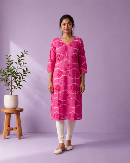 Rani Pink & White Tie-Dye Printed Mul Cotton Top with Full-Length Cotton Lining | Women's Casual Wear