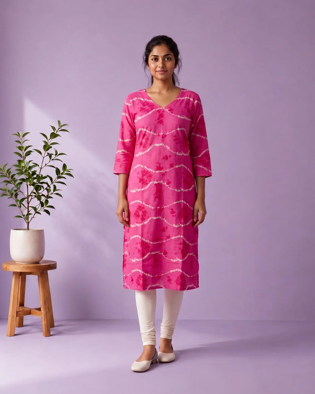 Rani Pink & White Tie-Dye Printed Mul Cotton Top with Full-Length Cotton Lining | Women's Casual Wear