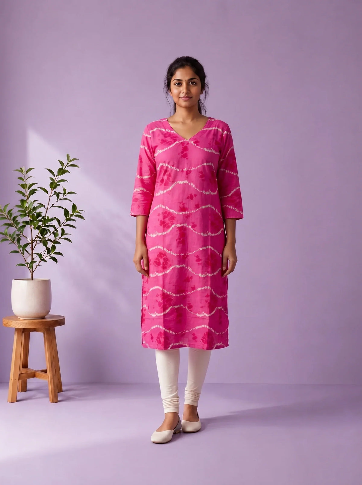 Rani Pink & White Tie-Dye Printed Mul Cotton Top with Full-Length Cotton Lining | Women's Casual Wear