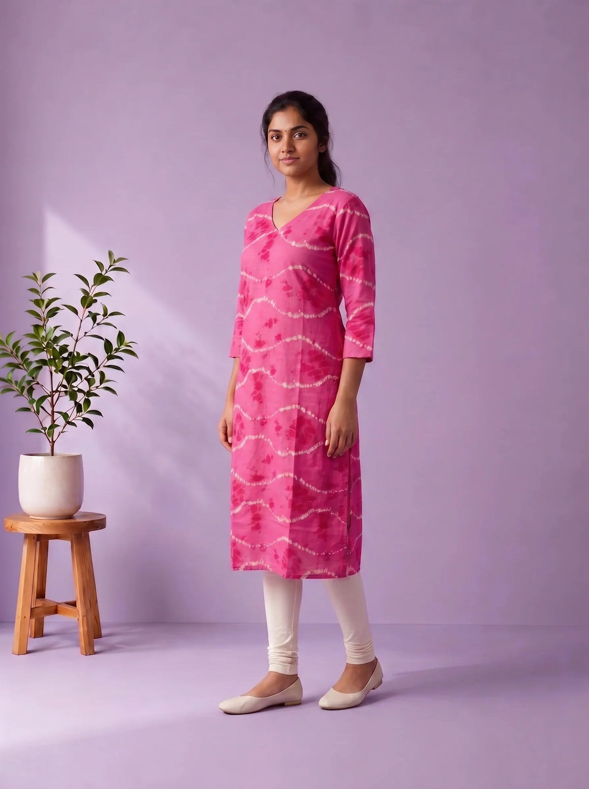 Rani Pink & White Tie-Dye Printed Mul Cotton Top with Full-Length Cotton Lining | Women's Casual Wear
