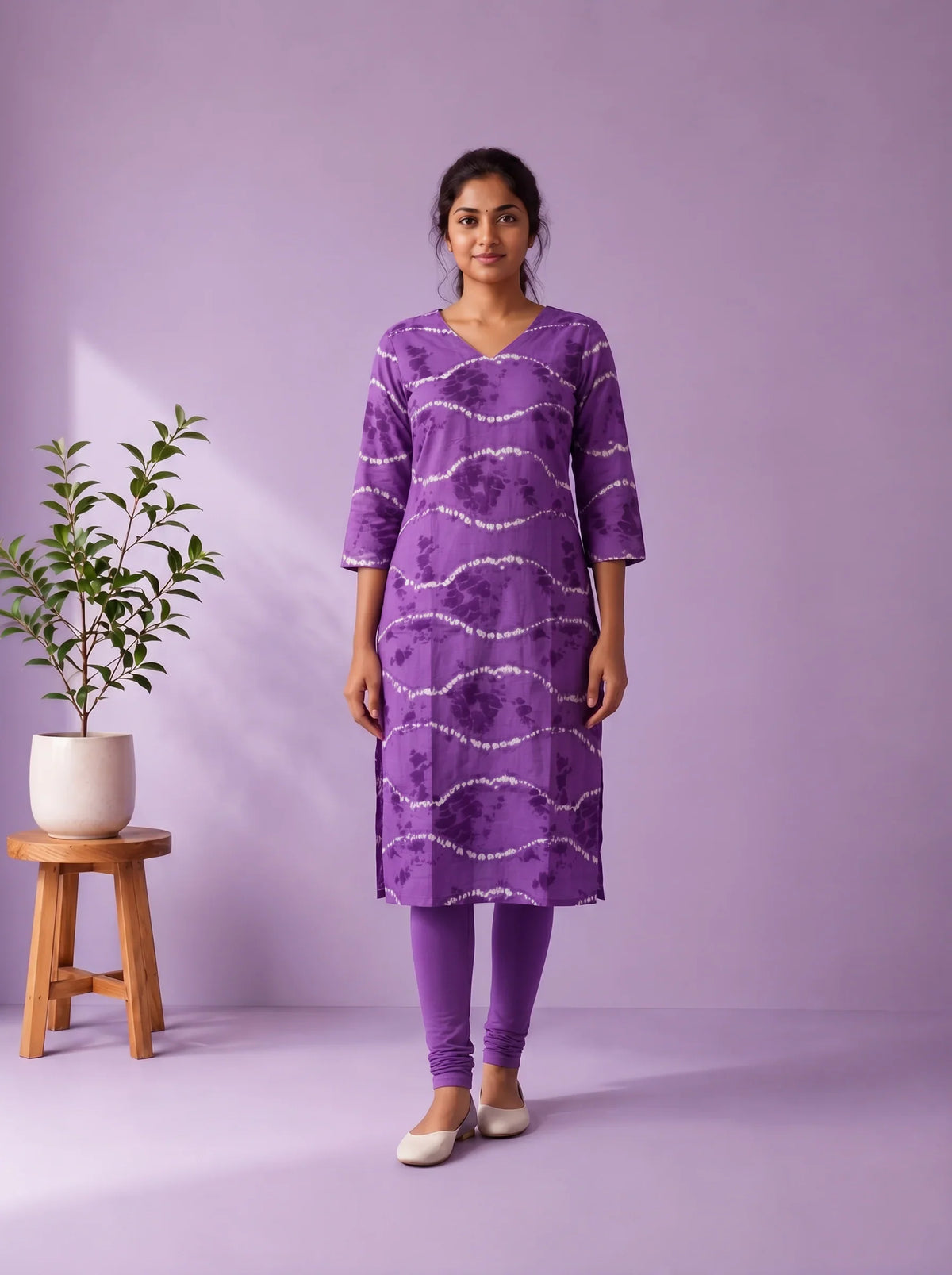 Purple & White Tie-Dye Printed Mul Cotton Top with Full-Length Cotton Lining | Women's Casual Wear