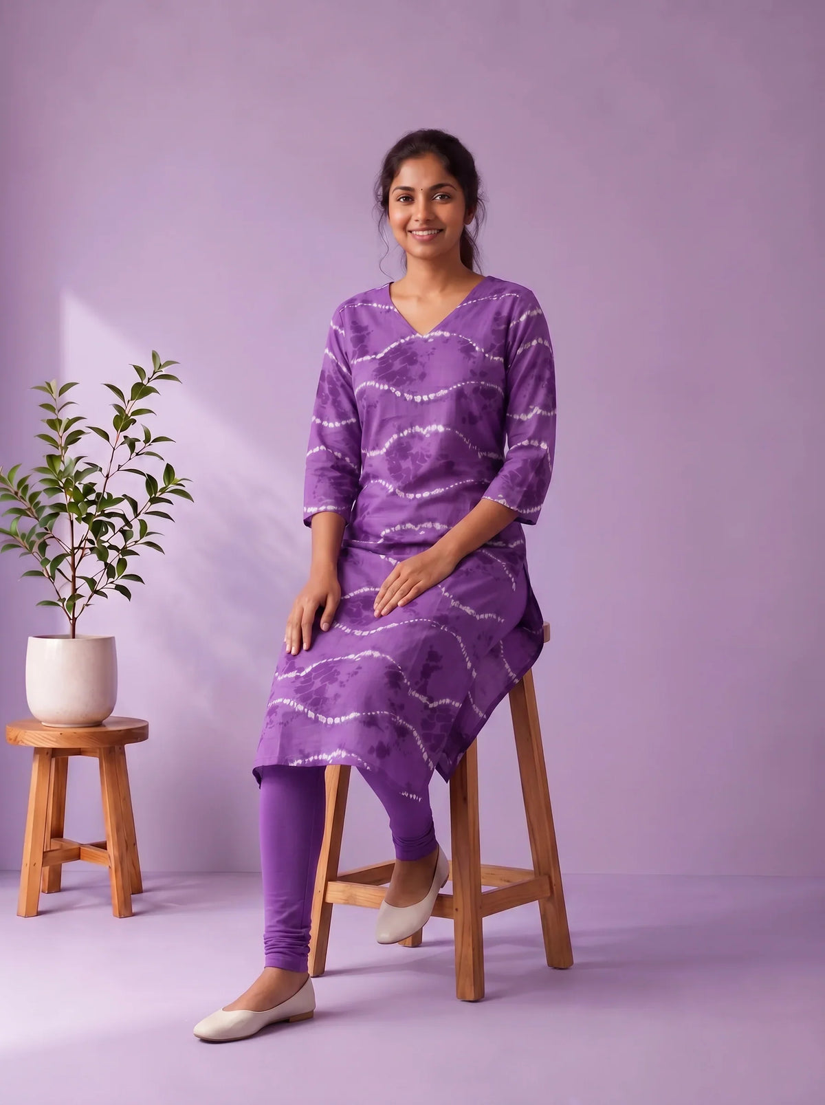 Purple & White Tie-Dye Printed Mul Cotton Top with Full-Length Cotton Lining | Women's Casual Wear