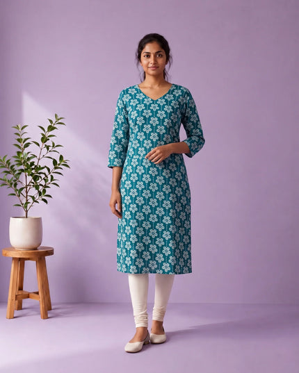 Peacock Blue & White Floral Printed Mul Cotton Top with Full-Length Cotton Lining | Women's Casual Wear