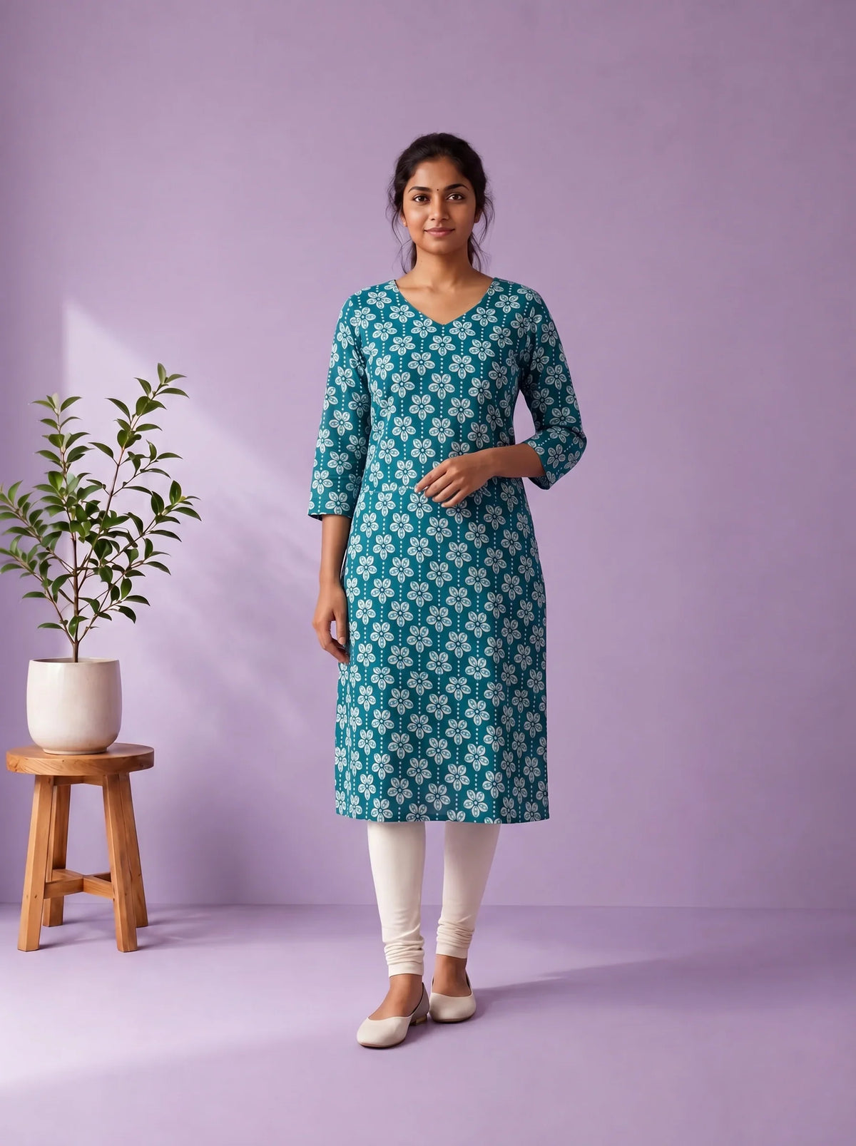 Peacock Blue & White Floral Printed Mul Cotton Top with Full-Length Cotton Lining | Women's Casual Wear
