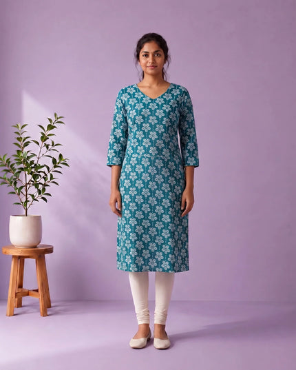 Peacock Blue & White Floral Printed Mul Cotton Top with Full-Length Cotton Lining | Women's Casual Wear