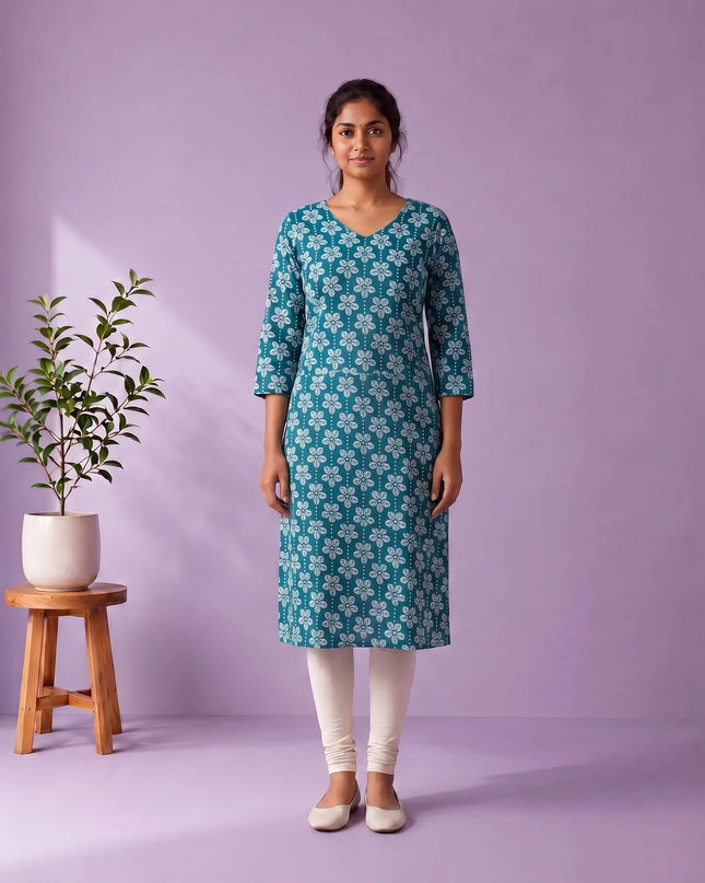 Peacock Blue & White Floral Printed Mul Cotton Top with Full-Length Cotton Lining | Women's Casual Wear
