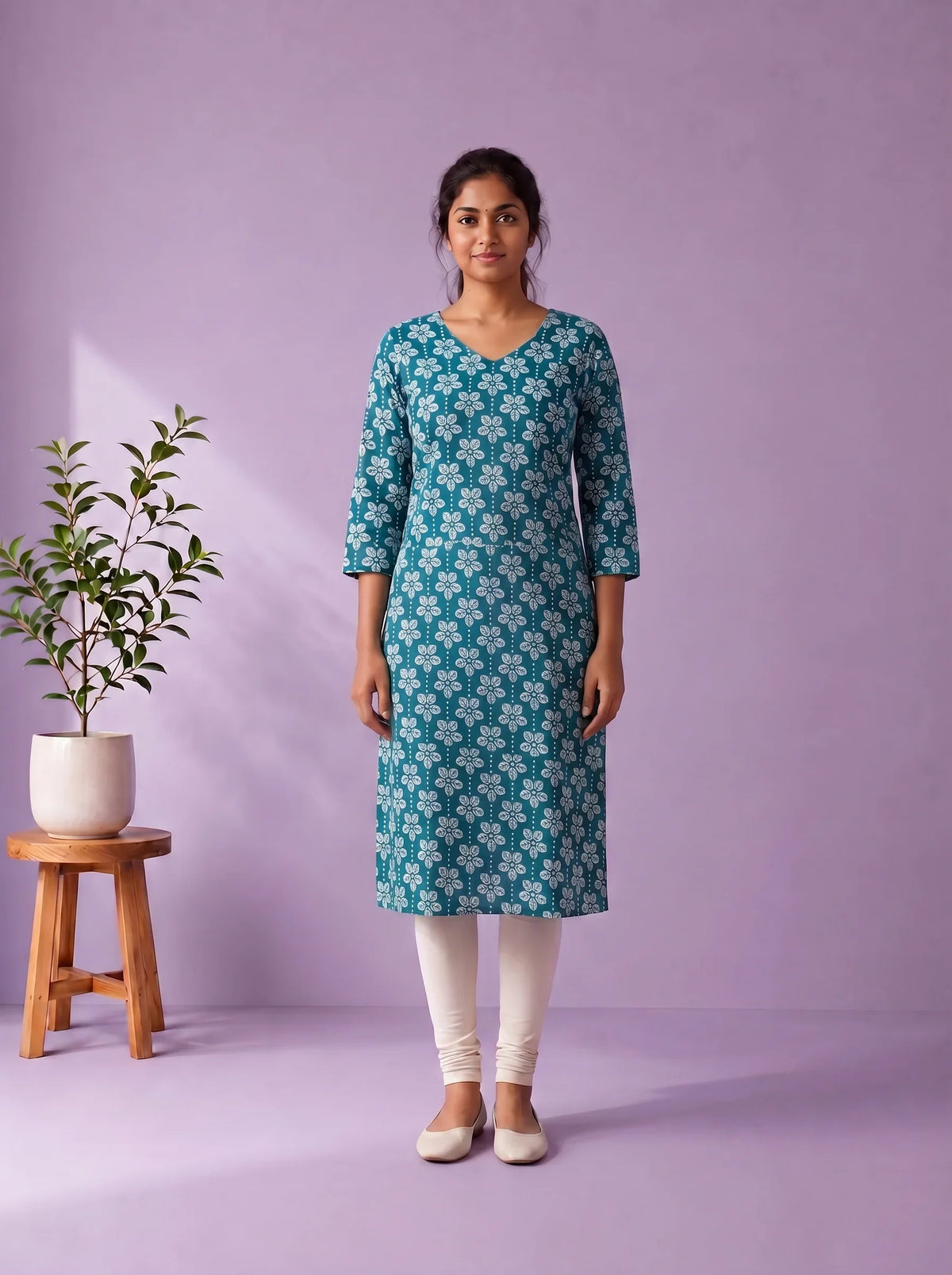 Peacock Blue & White Floral Printed Mul Cotton Top with Full-Length Cotton Lining | Women's Casual Wear