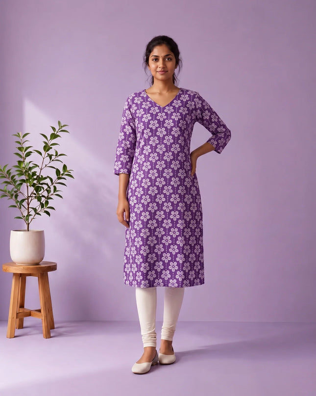 Lavender Purple & White Floral Printed Mul Cotton Top with Full-Length Cotton Lining | Women's Casual Wear