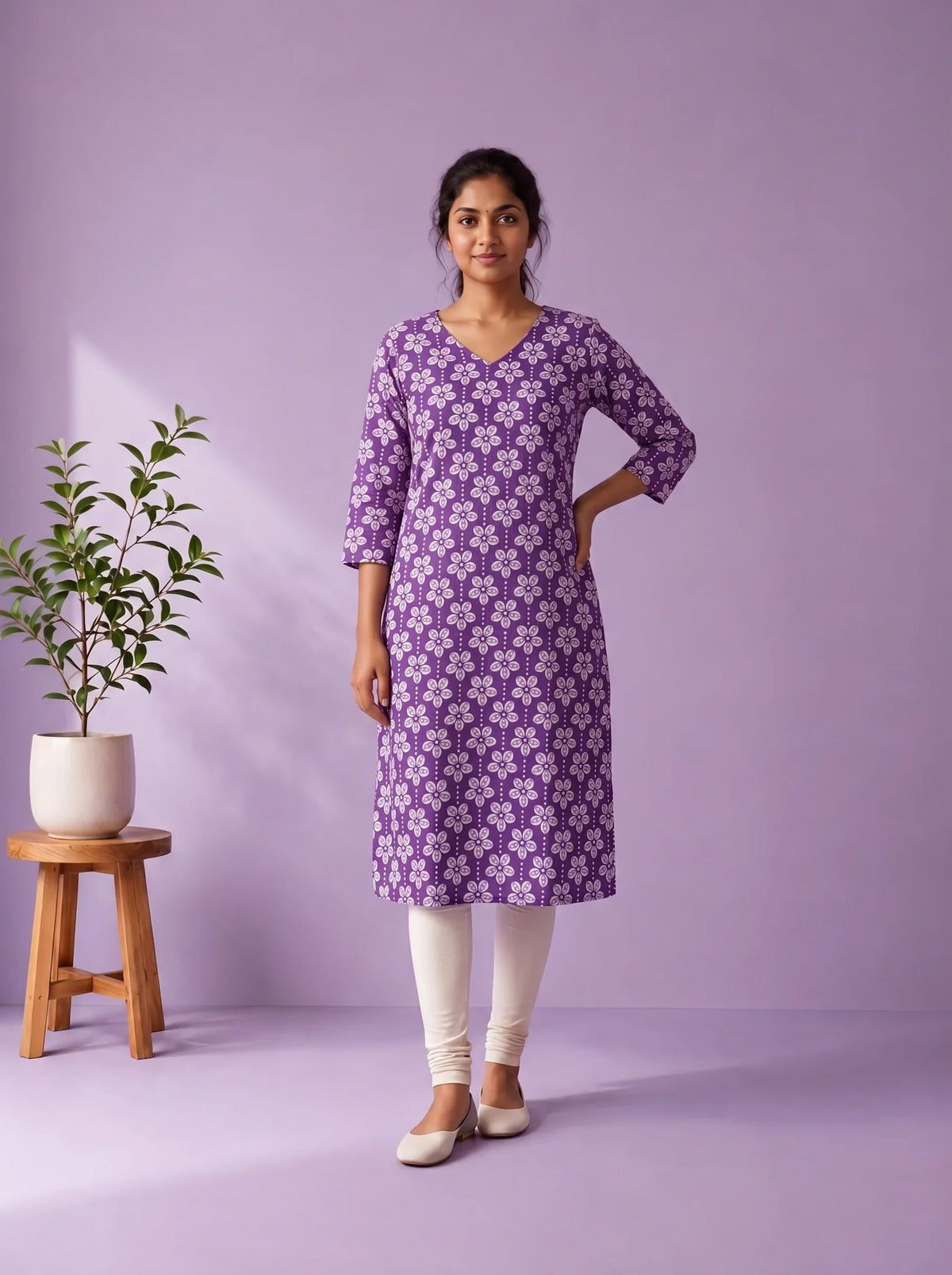 Lavender Purple & White Floral Printed Mul Cotton Top with Full-Length Cotton Lining | Women's Casual Wear