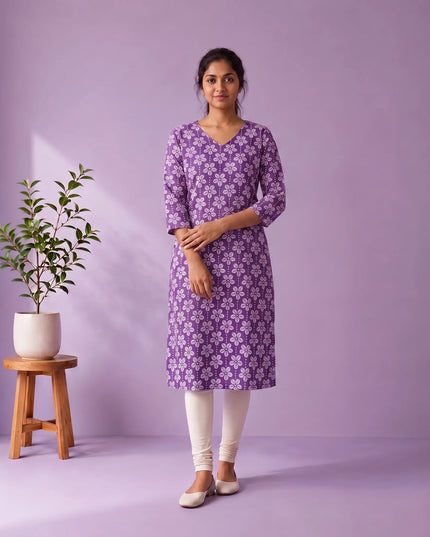 Lavender Purple & White Floral Printed Mul Cotton Top with Full-Length Cotton Lining | Women's Casual Wear