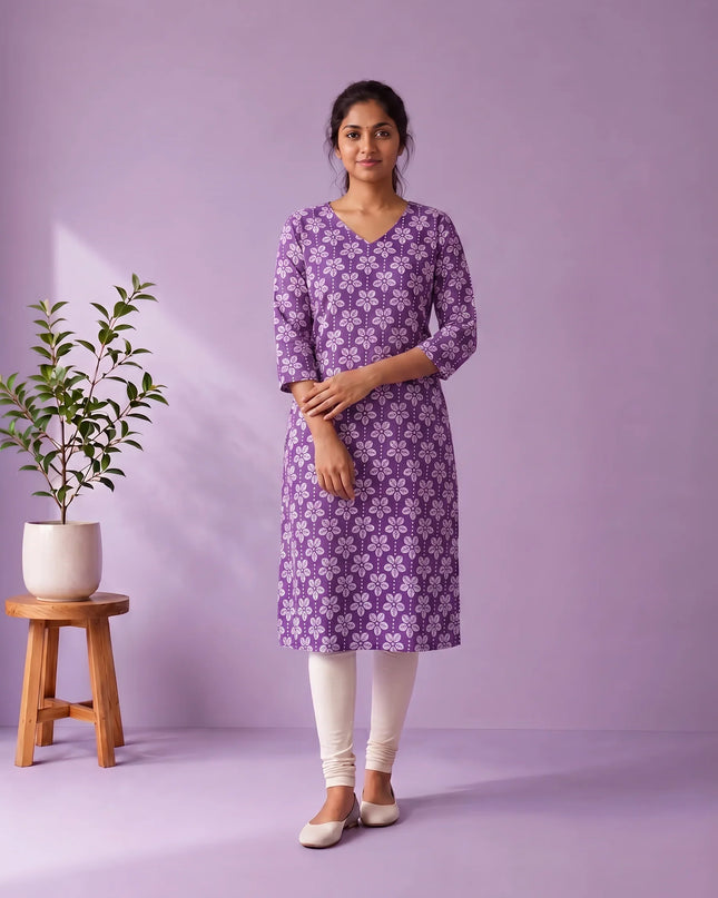 Lavender Purple & White Floral Printed Mul Cotton Top with Full-Length Cotton Lining | Women's Casual Wear