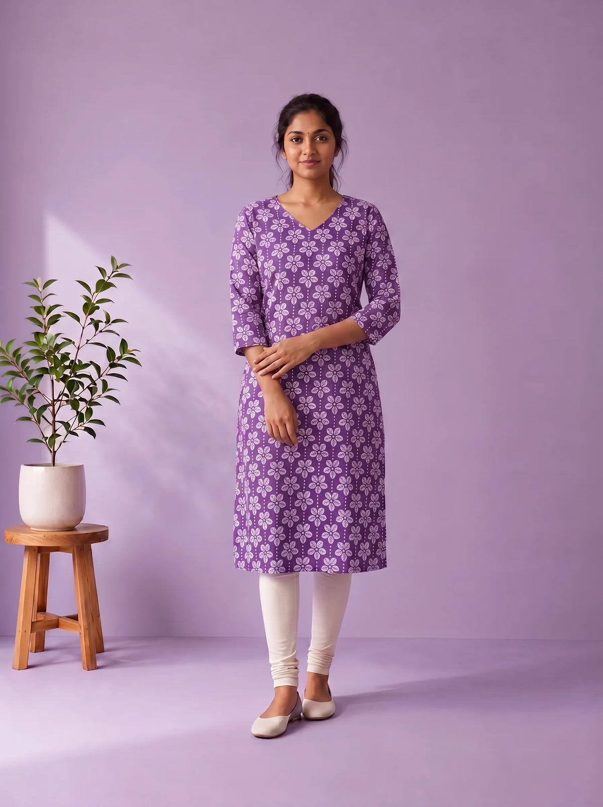 Lavender Purple & White Floral Printed Mul Cotton Top with Full-Length Cotton Lining | Women's Casual Wear