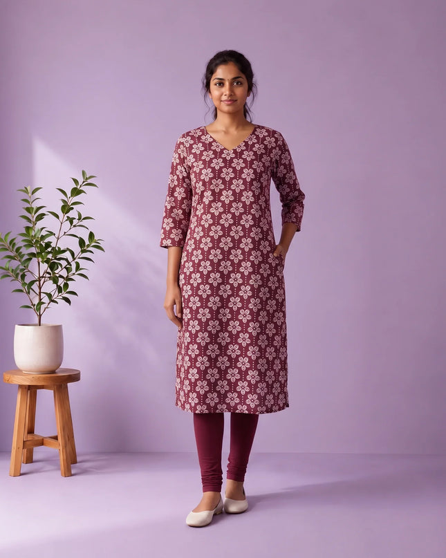 Wine Purple & White Floral Printed Mul Cotton Top with Full-Length Cotton Lining | Women's Casual Wear
