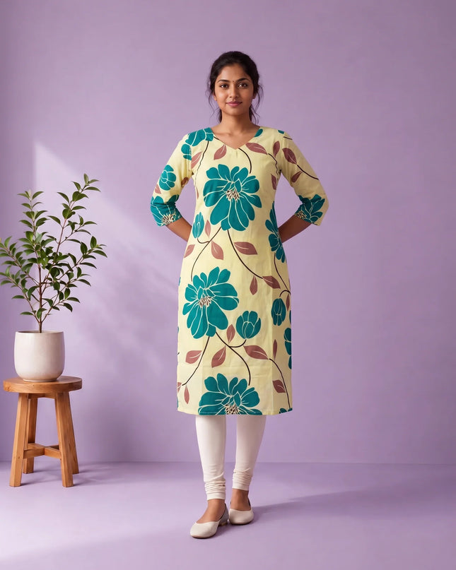 Cream Yellow & Teal Blue Floral Printed Mul Cotton Top with Full-Length Cotton Lining | Women's Casual Wear
