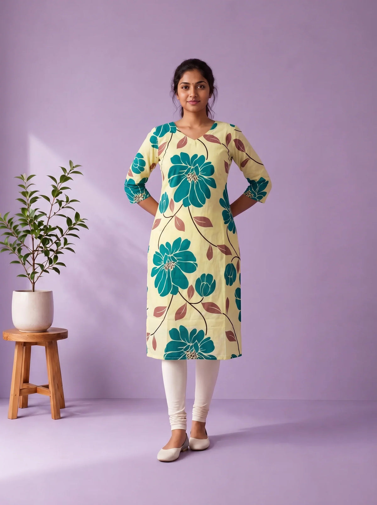 Cream Yellow & Teal Blue Floral Printed Mul Cotton Top with Full-Length Cotton Lining | Women's Casual Wear