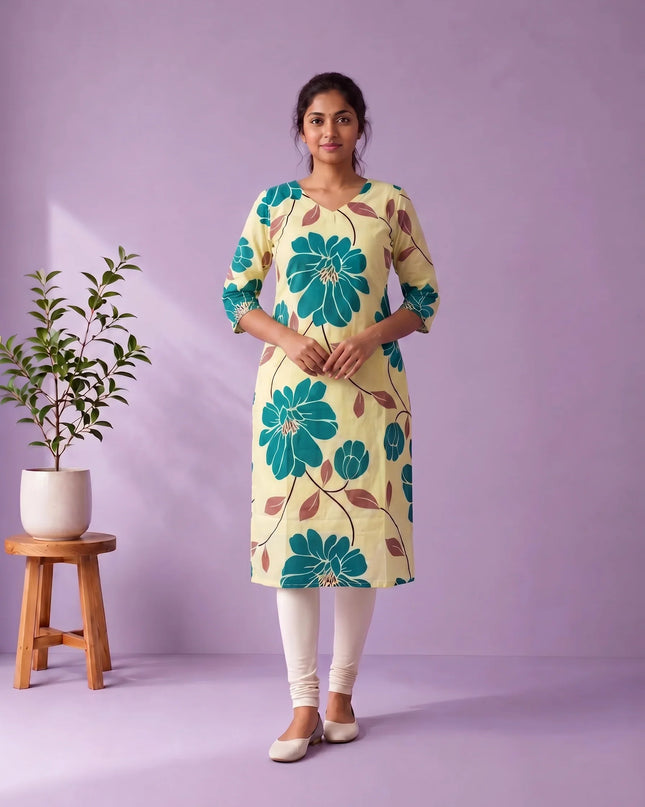 Cream Yellow & Teal Blue Floral Printed Mul Cotton Top with Full-Length Cotton Lining | Women's Casual Wear