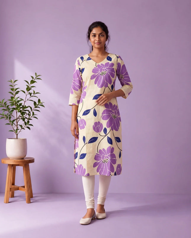 Cream & Lavender Purple Floral Printed Mul Cotton Top with Full-Length Cotton Lining | Women's Casual Wear