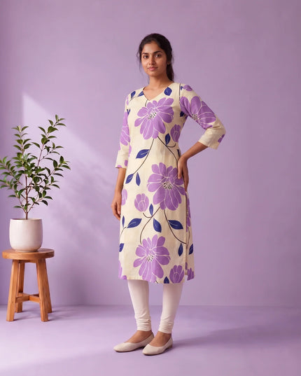 Cream & Lavender Purple Floral Printed Mul Cotton Top with Full-Length Cotton Lining | Women's Casual Wear