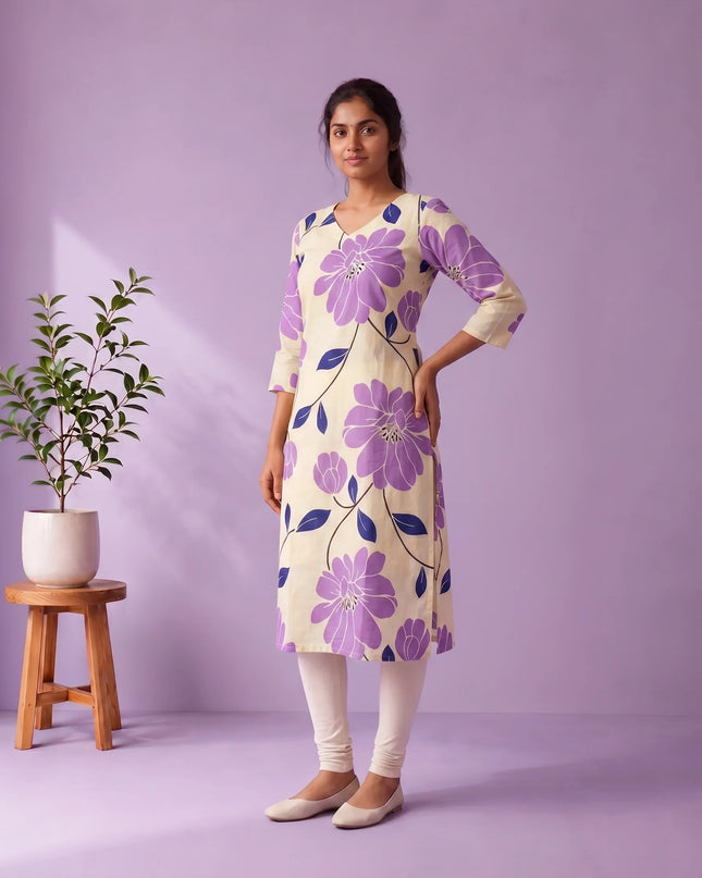 Cream & Lavender Purple Floral Printed Mul Cotton Top with Full-Length Cotton Lining | Women's Casual Wear