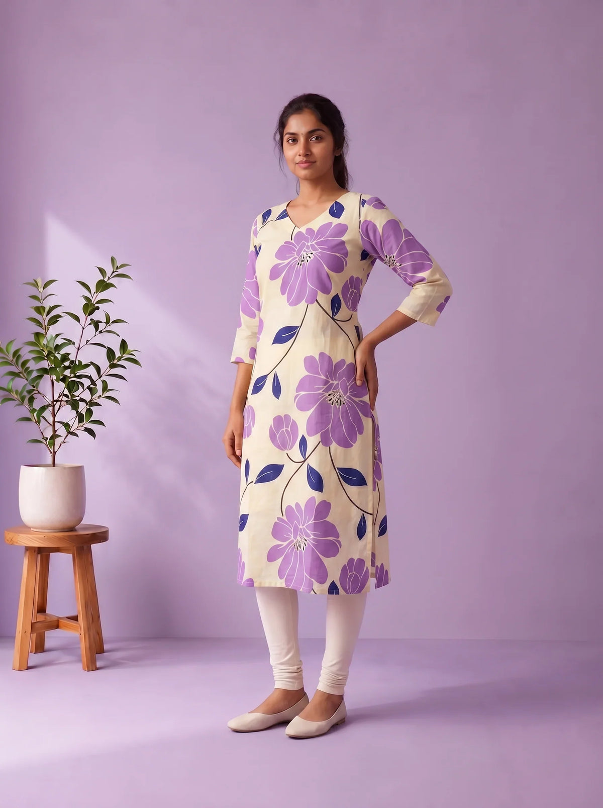 Cream & Lavender Purple Floral Printed Mul Cotton Top with Full-Length Cotton Lining | Women's Casual Wear