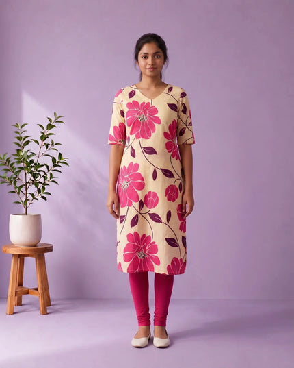 Cream & Rani Pink Floral Printed Mul Cotton Top with Full-Length Cotton Lining | Women's Casual Wear