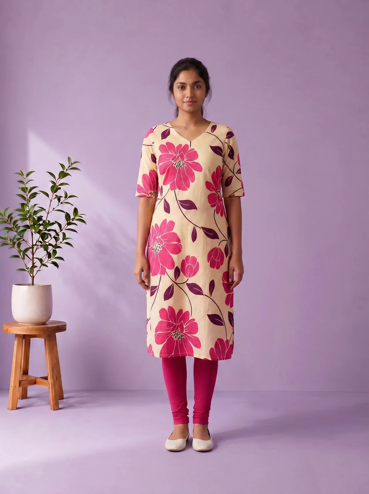 Cream & Rani Pink Floral Printed Mul Cotton Top with Full-Length Cotton Lining | Women's Casual Wear