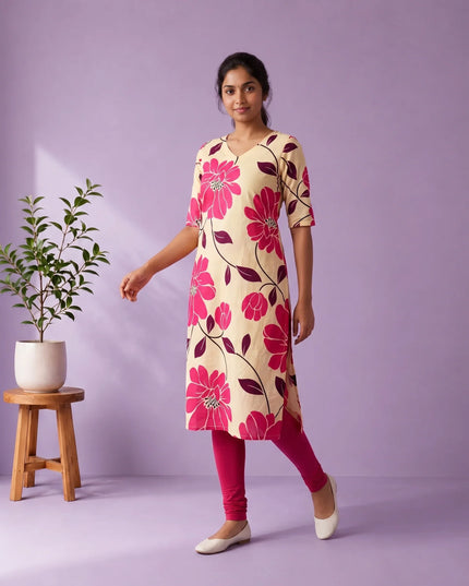 Cream & Rani Pink Floral Printed Mul Cotton Top with Full-Length Cotton Lining | Women's Casual Wear