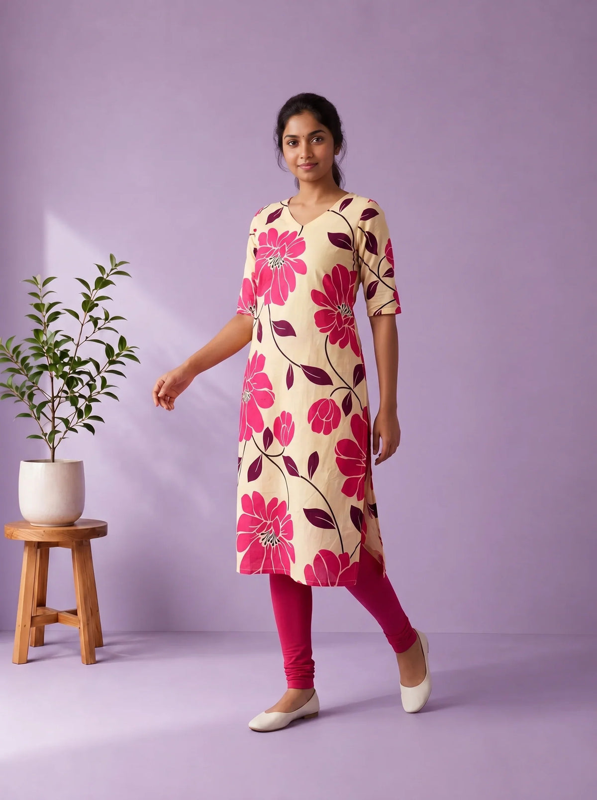 Cream & Rani Pink Floral Printed Mul Cotton Top with Full-Length Cotton Lining | Women's Casual Wear