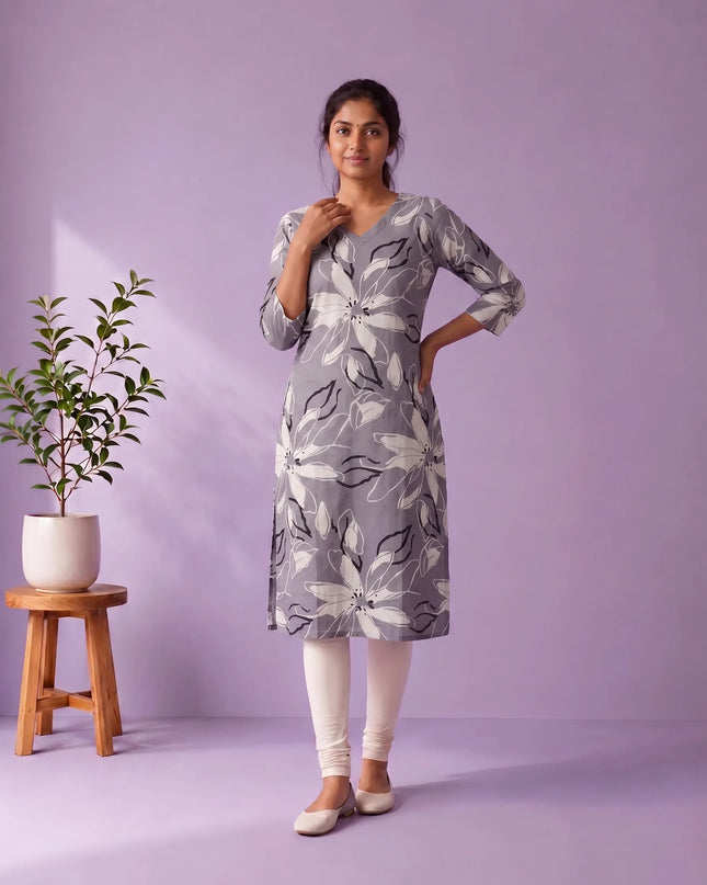 Ash Grey & White Floral Printed Mul Cotton Top with Full-Length Cotton Lining | Women's Casual Wear