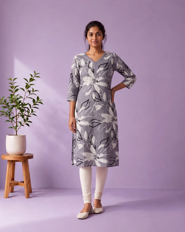Ash Grey & White Floral Printed Mul Cotton Top with Full-Length Cotton Lining | Women's Casual Wear