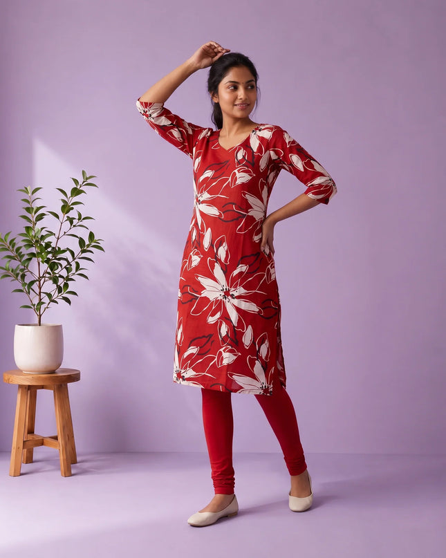 Crimson Red & White Floral Printed Mul Cotton Top with Full-Length Cotton Lining | Women's Casual Wear
