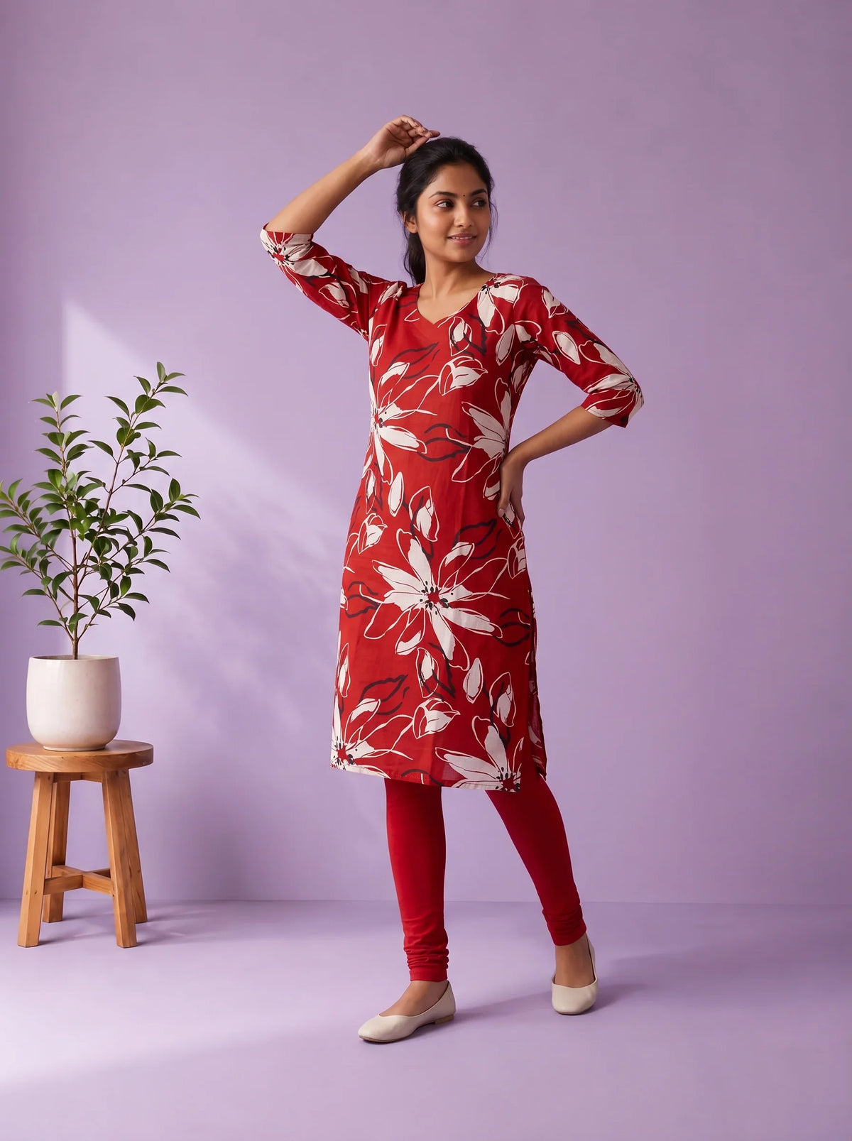 Crimson Red & White Floral Printed Mul Cotton Top with Full-Length Cotton Lining | Women's Casual Wear