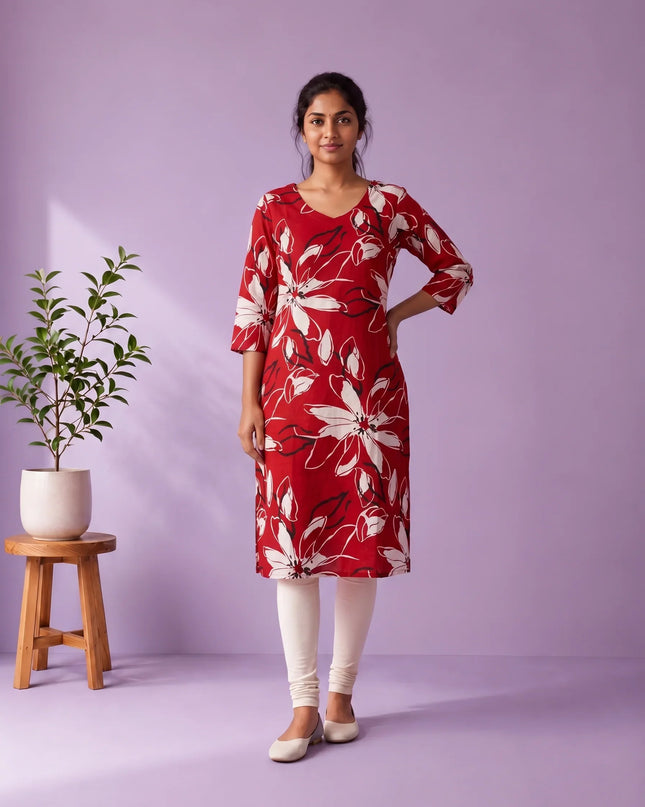 Crimson Red & White Floral Printed Mul Cotton Top with Full-Length Cotton Lining | Women's Casual Wear