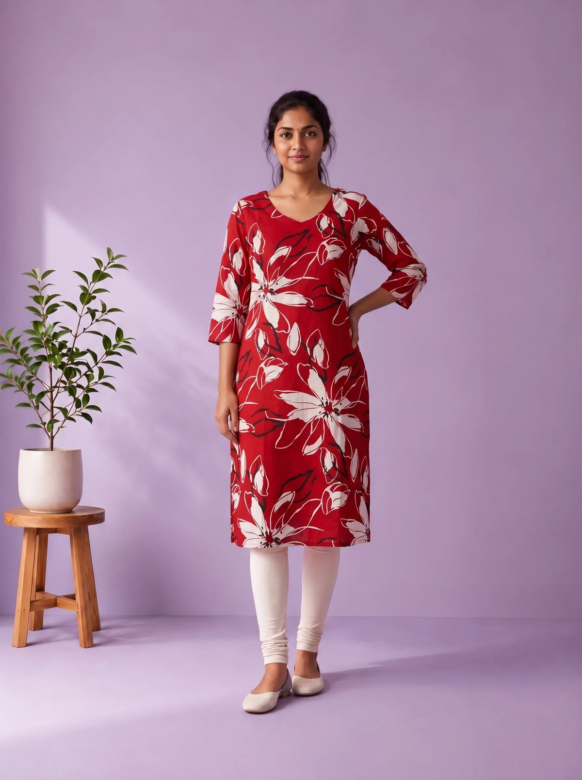 Crimson Red & White Floral Printed Mul Cotton Top with Full-Length Cotton Lining | Women's Casual Wear
