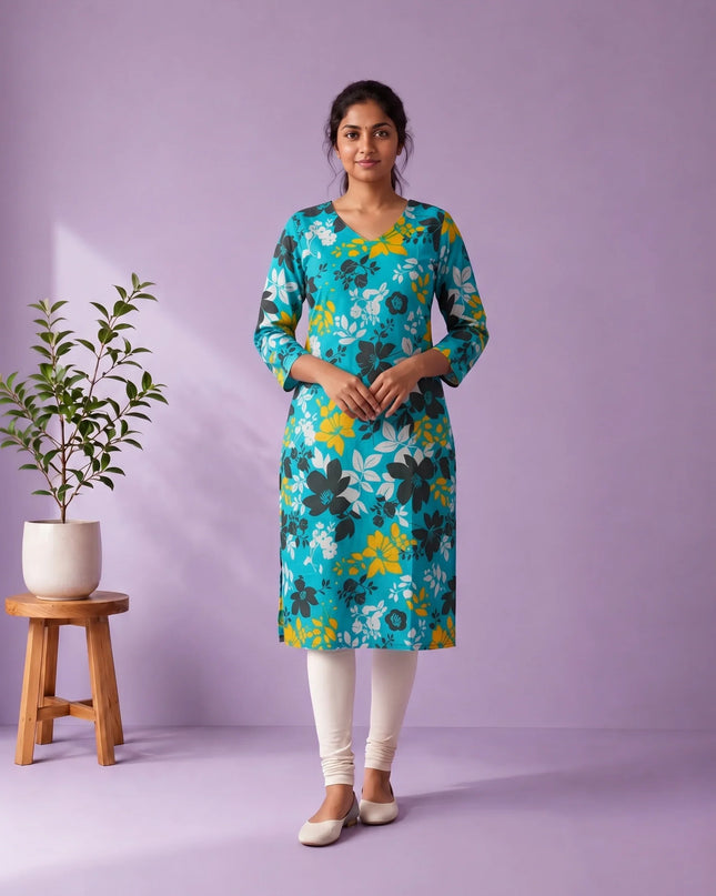 Turquoise Blue, Black & Mustard Yellow Floral Printed Mul Cotton Top with Full-Length Cotton Lining | Women's Casual Wear