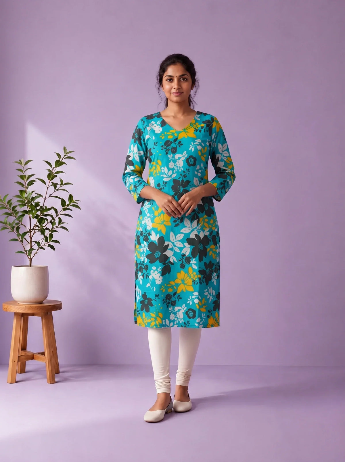 Turquoise Blue, Black & Mustard Yellow Floral Printed Mul Cotton Top with Full-Length Cotton Lining | Women's Casual Wear