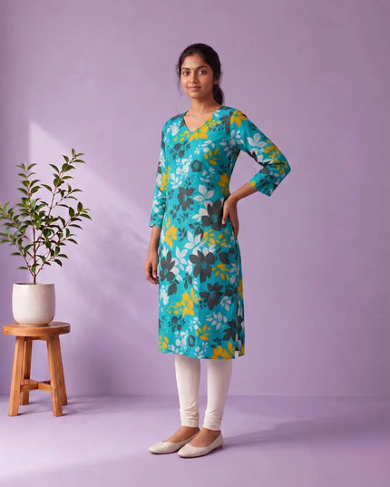 Turquoise Blue, Black & Mustard Yellow Floral Printed Mul Cotton Top with Full-Length Cotton Lining | Women's Casual Wear
