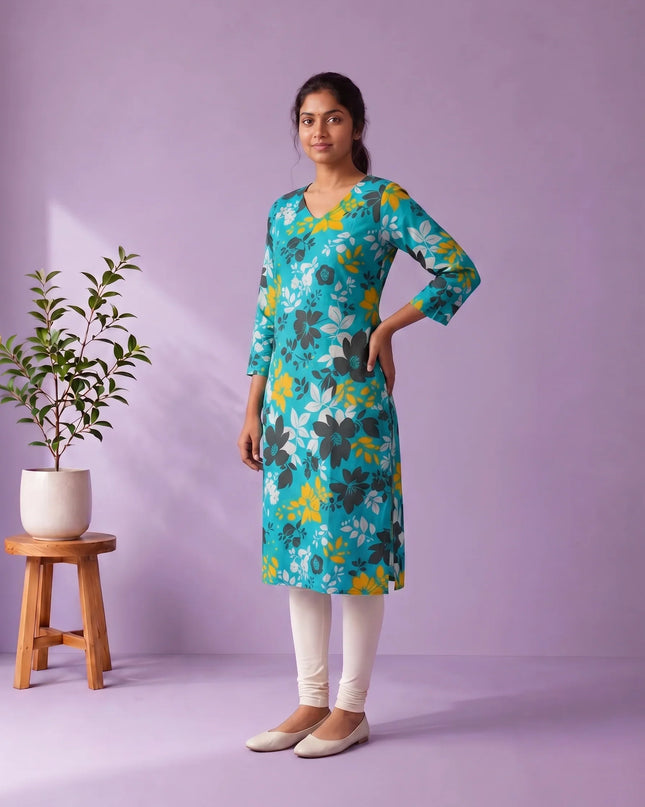 Turquoise Blue, Black & Mustard Yellow Floral Printed Mul Cotton Top with Full-Length Cotton Lining | Women's Casual Wear