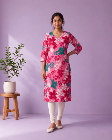 Pink, Crimson Red & Teal Green Floral Printed Mul Cotton Top with Full-Length Cotton Lining | Women's Casual Wear