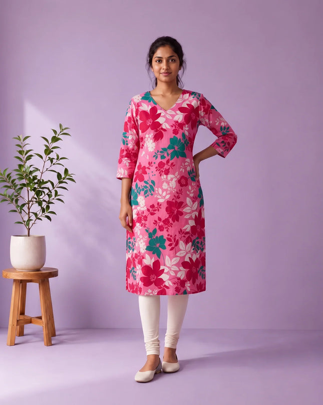 Pink, Crimson Red & Teal Green Floral Printed Mul Cotton Top with Full-Length Cotton Lining | Women's Casual Wear