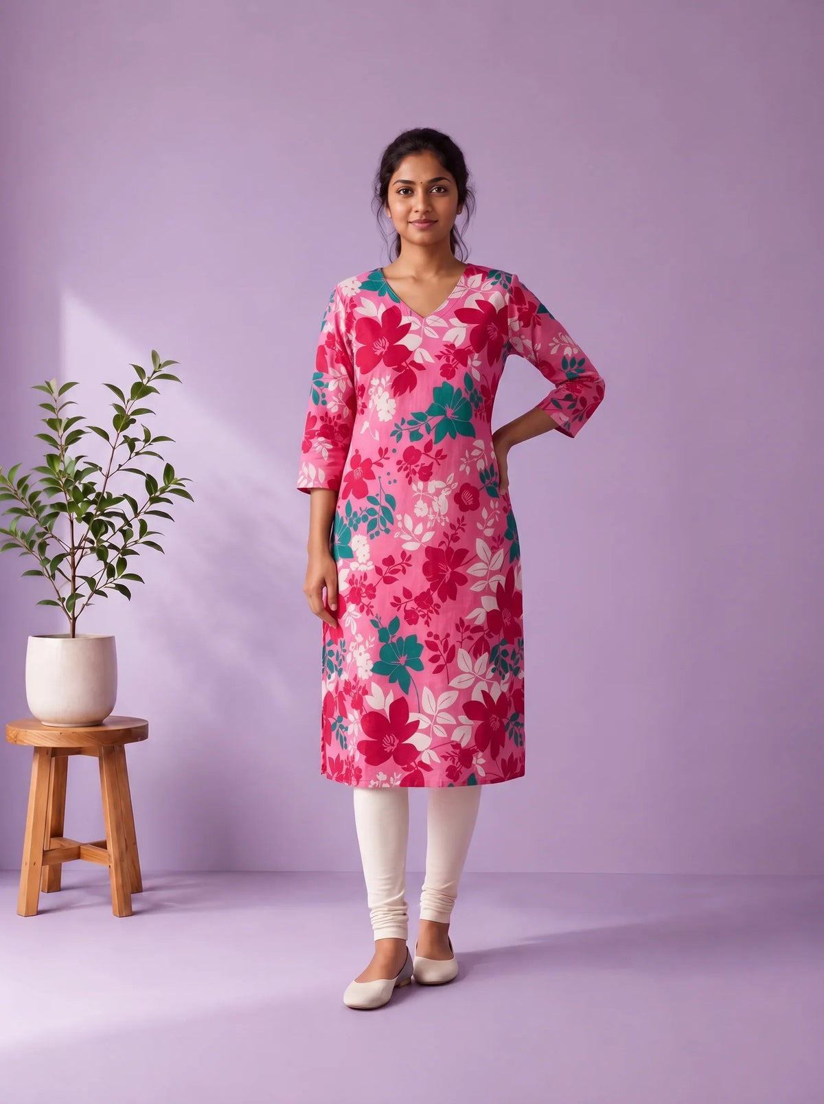 Pink, Crimson Red & Teal Green Floral Printed Mul Cotton Top with Full-Length Cotton Lining | Women's Casual Wear