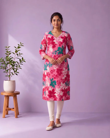 Pink, Crimson Red & Teal Green Floral Printed Mul Cotton Top with Full-Length Cotton Lining | Women's Casual Wear