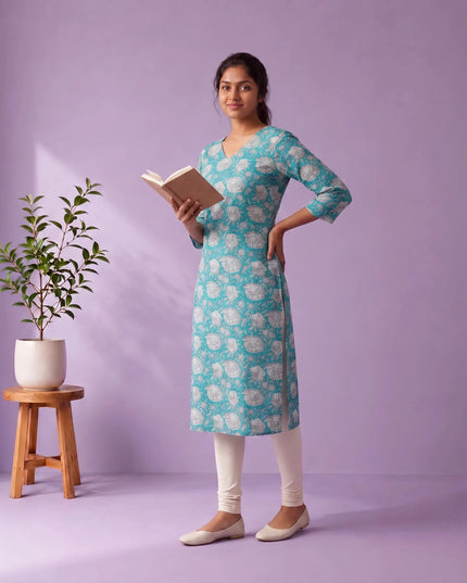 Aqua Blue & White Floral Printed Mul Cotton Top with Full-Length Cotton Lining | Women's Casual Wear